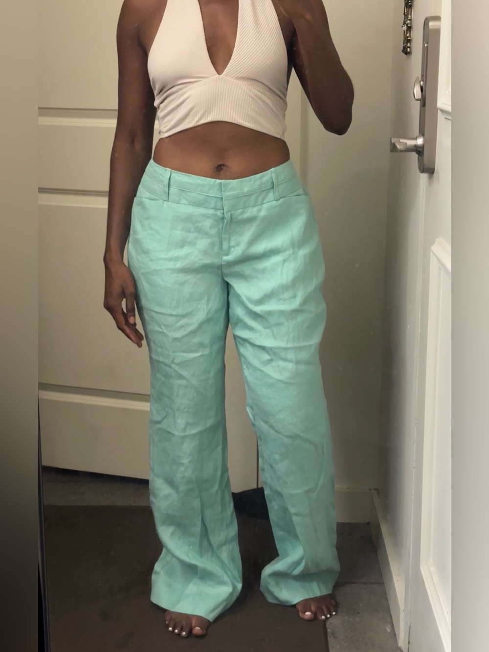 The Limited Drew Fit Pants Women’s 12 Green 100% Linen Low Rise Flared